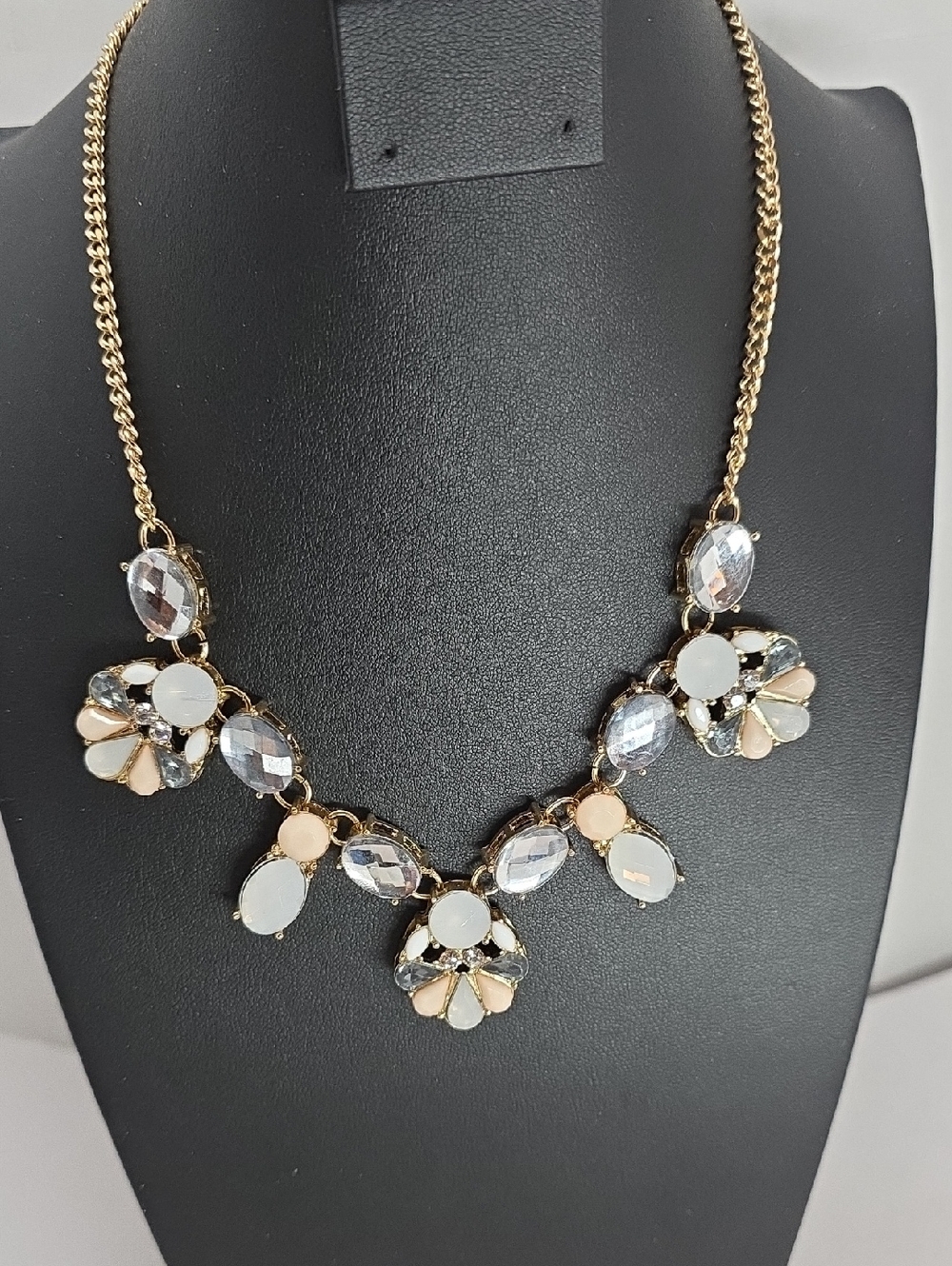 Gold Floral Crystal Necklace with White and Pale Pink Accents